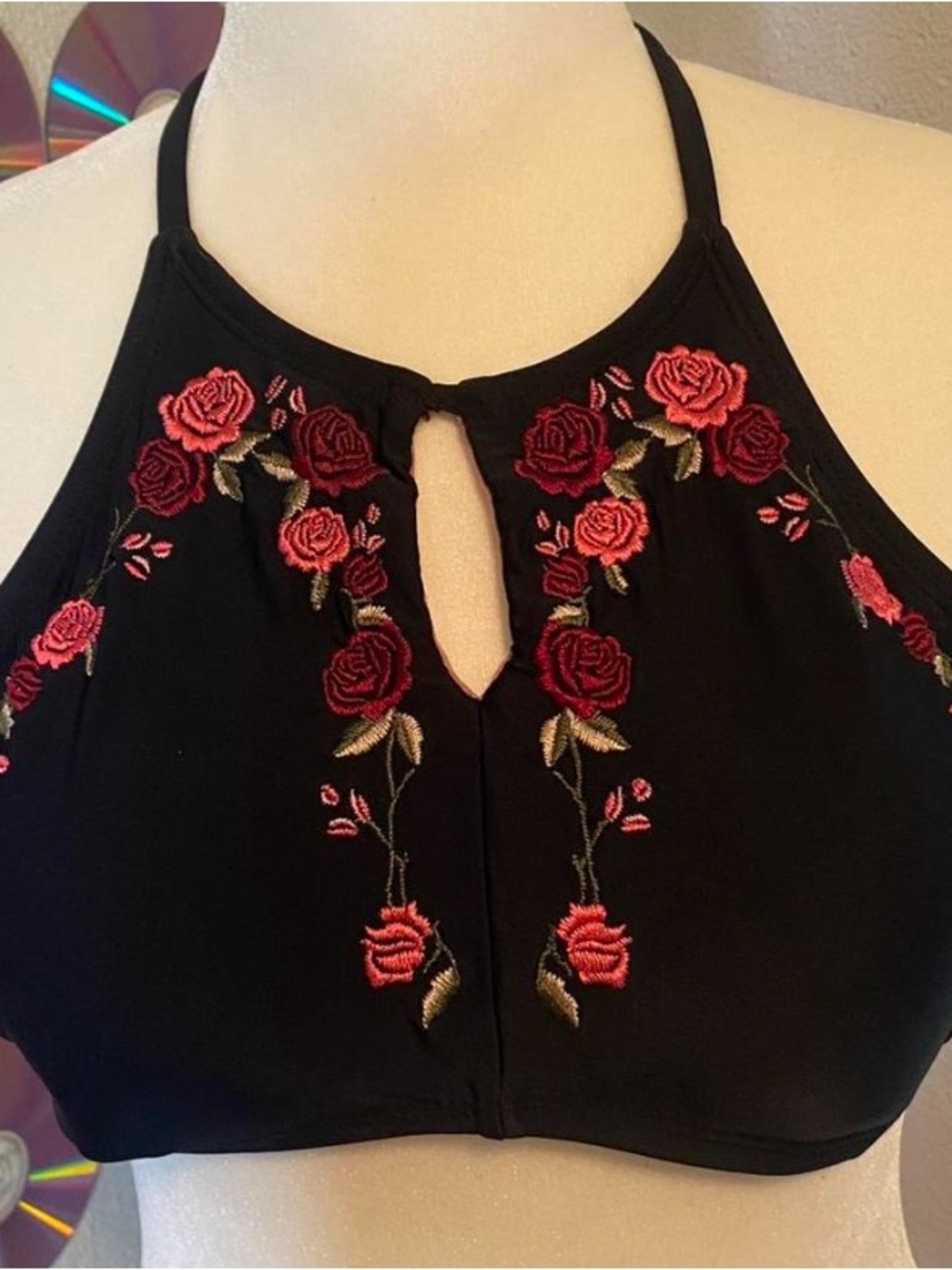 Black Halter Bikini Top with Red Rose Embroidery